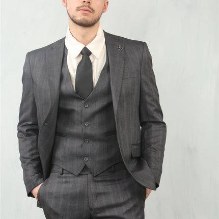 Men's 3 Piece Prince Of Wales Charcoal Suit Workwear