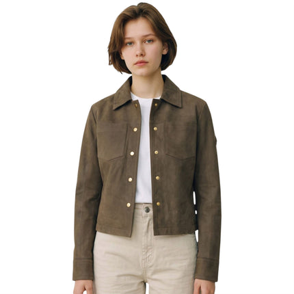 Womens Taupe Brown Leather Shacket Collar Jacket - Lofar