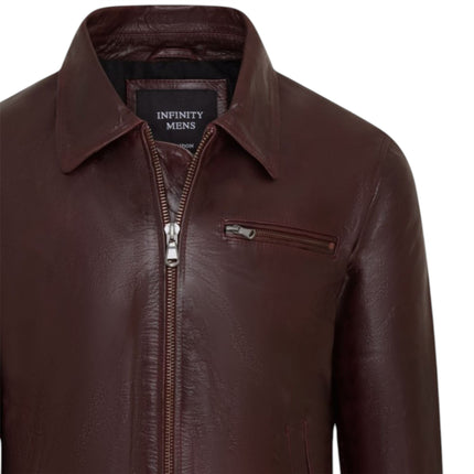 Mens Leather Brown Harrington Collar Biker Jacket - Arick