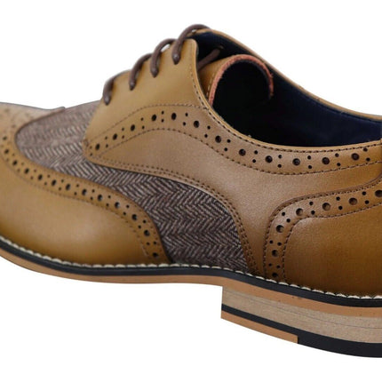 Mens Classic Oxford Tweed Brogue Shoes In Tan Leather