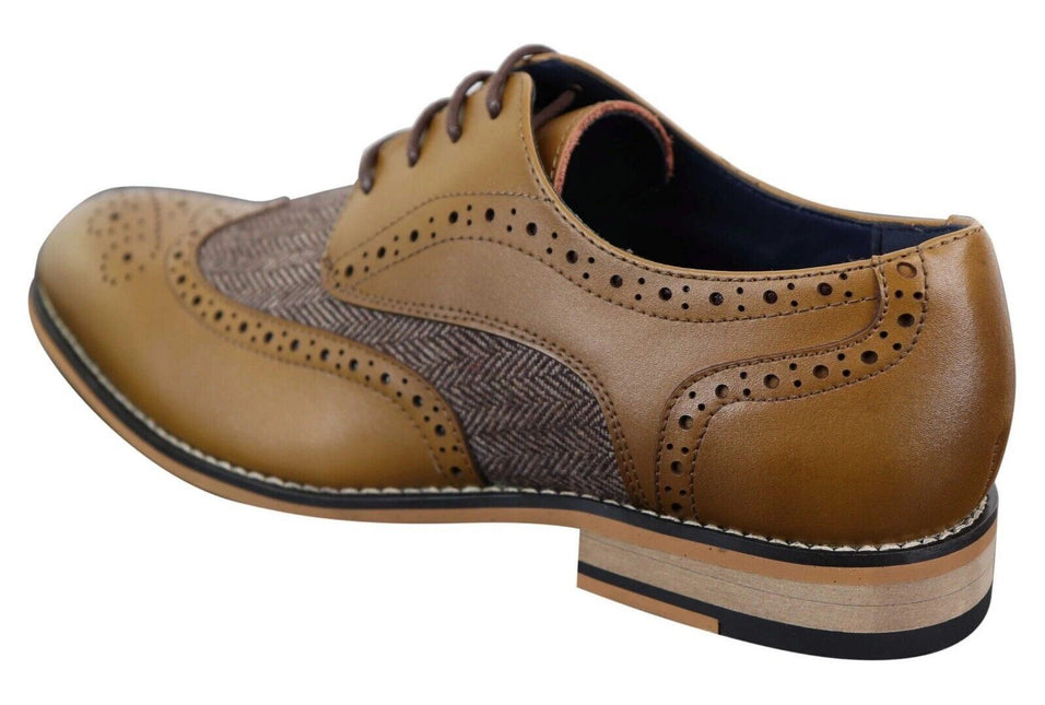 Mens Classic Oxford Tweed Brogue Shoes In Tan Leather