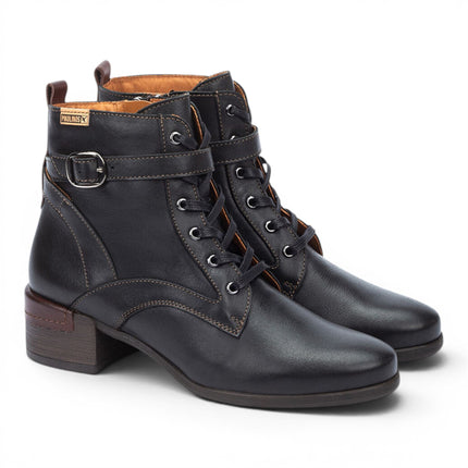 Pikolinos Women's Black Leather Lace-Up Mid-Heel Ankle Boots - Malaga