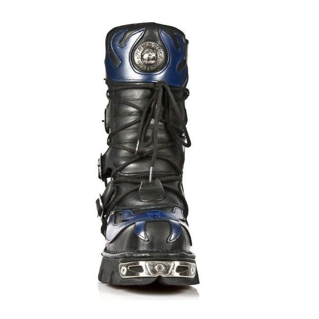 New Rock Unisex Black/Blue Leather Gothic Biker Skull Boots - 107-C5