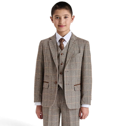 Boys Brown Tailored Fit Tweed 3 Piece Formal Suit - Harris
