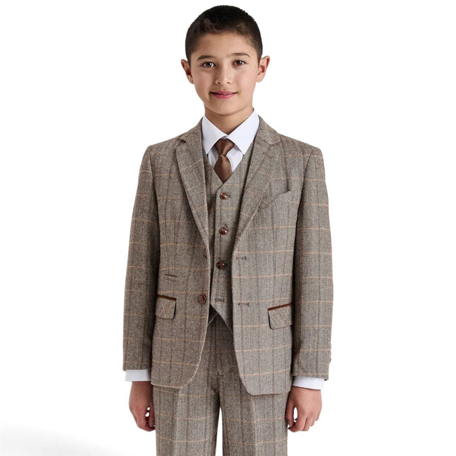 Boys Brown Tailored Fit Tweed 3 Piece Formal Suit - Harris