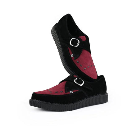 TUK Pointed Creeper Black Burgundy Suede Monk Buckle Platform Shoes - A9592