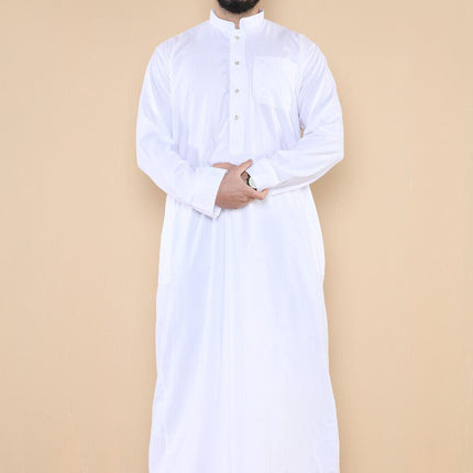 Mens White Thobe Jubba Saudi Islamic Arabic Eid Cotton Kaftan Jubbah Umrah Robe