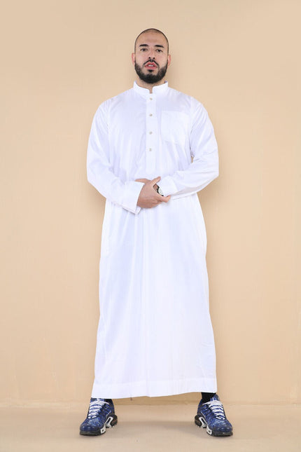 Mens White Thobe Jubba Saudi Islamic Arabic Eid Cotton Kaftan Jubbah Umrah Robe