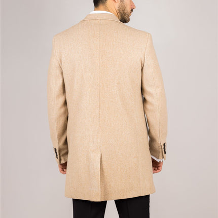 Men's Notched Lapel Collar Wool Blend Beige Overcoat
