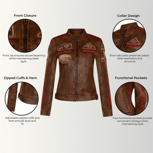 Womens Biker Racing Badges Leather Jacket-Eastleigh