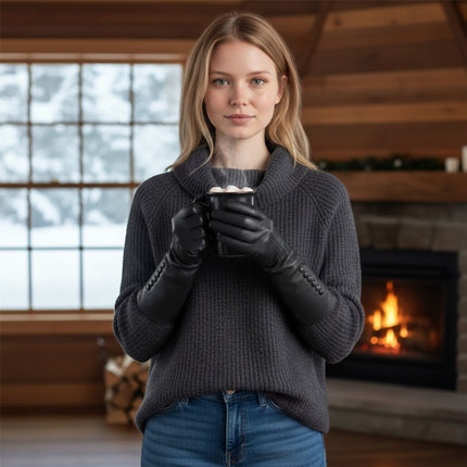 Womens Long Black Italian Leather Winter Button Design Soft Wool Lining Gloves - L-GLV-201