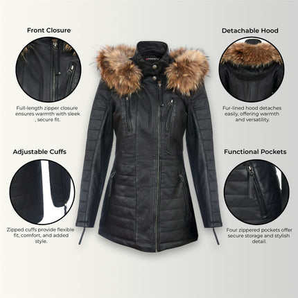 Womens Slim Fit Leather Hooded Parka Jacket-Northam