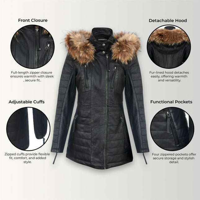 Womens Slim Fit Leather Hooded Parka Jacket-Northam