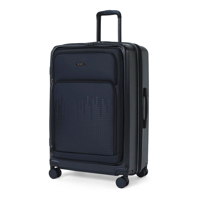Hybrid ABS+PU Hard Shell Black Suitcase Set 8 Wheel Front Pocket Luggage