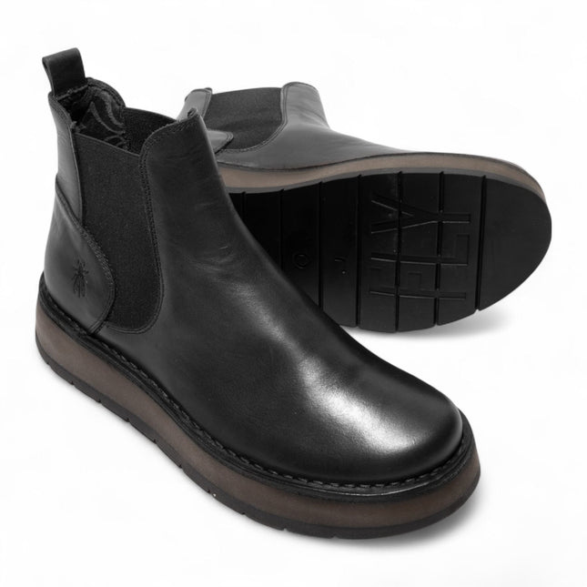 Fly London Womens Black Rawi131 Chelsea Leather Ankle Pull-On Classic Comfort Boots