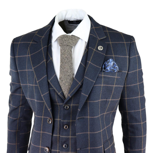 Mens Navy Blue Check 3 Piece Tweed Suit Peaky Blinders 1920s Gatsby Tailored Fit