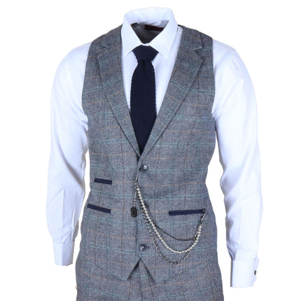 Men's Light Blue Grey Check Tweed 3-Piece Suit Vintage Pattern Tailored Fit Woollen Suit