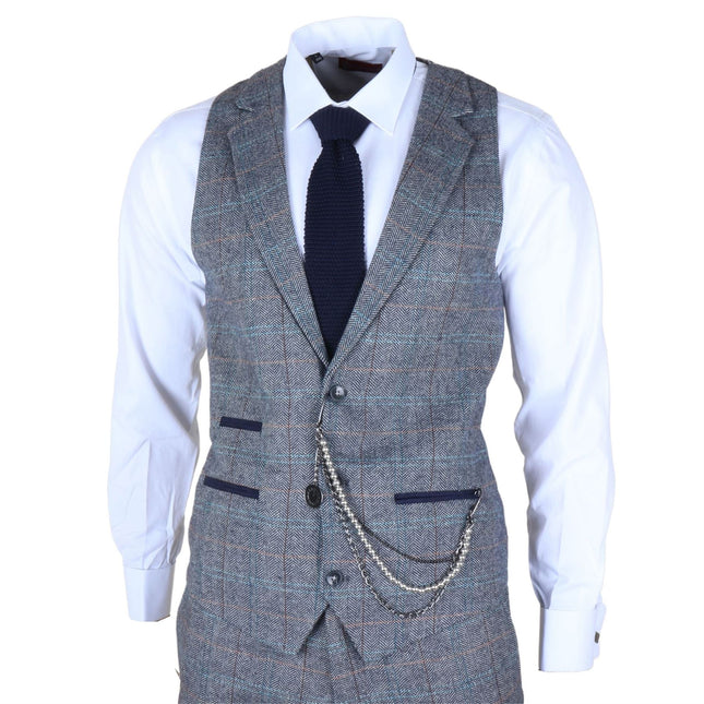 Men's Light Blue Grey Check Tweed 3-Piece Suit Vintage Pattern Tailored Fit Woollen Suit