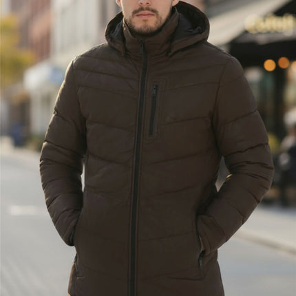 Men's Brown Leather Quilted Jacket Hooded Puffer Winter Coat - Olyic