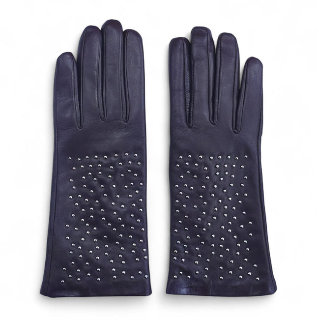 Womens Purple Italian Leather Winter Studded Design Soft Wool Lining Gloves - L-GLV-601