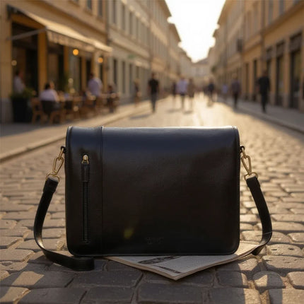 Genuine Leather Black Laptop Satchel Messenger Shoulder Bag - Astor