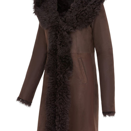 Womens Brown Toscana Sheepskin Leather Hooded Trench Coat - Coast