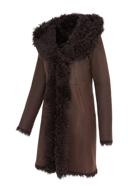 Womens Brown Toscana Sheepskin Leather Hooded Trench Coat - Coast