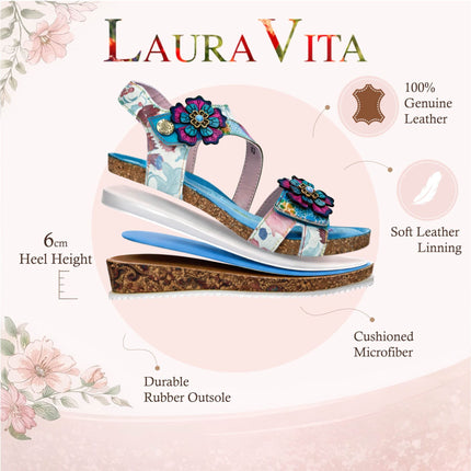 Laura Vita Women's Bonito 32 Turquoise Blue Floral Leather Wedge Espadrille Sandals