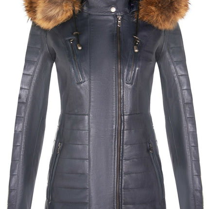Womens Slim Fit Leather Hooded Parka Jacket-Northam
