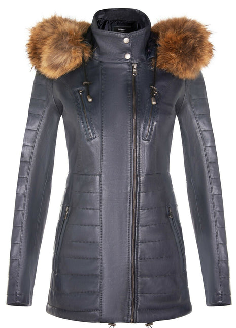 Womens Slim Fit Leather Hooded Parka Jacket-Northam