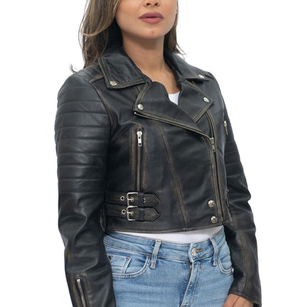 Womens Cropped Brando Leather Biker Jacket-Damascus