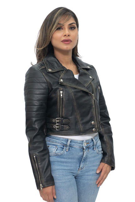 Womens Cropped Brando Leather Biker Jacket-Damascus