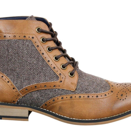 Mens Classic Tweed Oxford Ankle Boots In Tan Leather