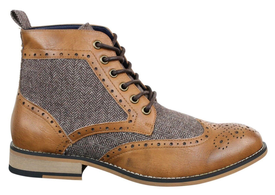 Mens Classic Tweed Oxford Ankle Boots In Tan Leather