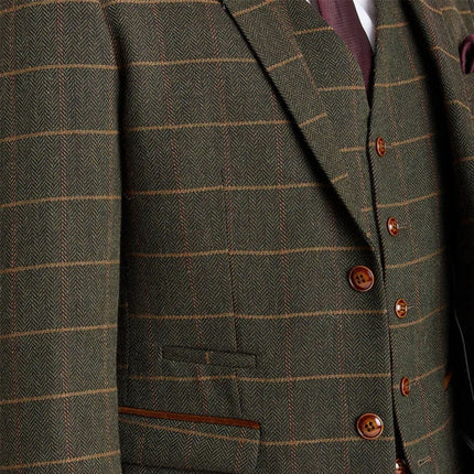 Men's Green Tweed Herringbone Formal Check Blazer - Harris