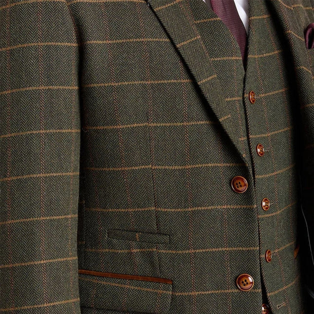 Men's Green Tweed Herringbone Formal Check Blazer - Harris
