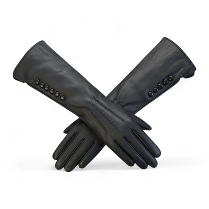 Womens Long Black Italian Leather Winter Button Design Soft Wool Lining Gloves - L-GLV-201