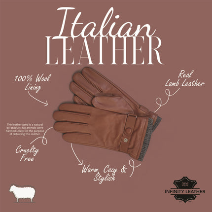 Men's Tan Brown Italian Leather Warm Wool Lining Winter Knit Rib Gloves - M-LGV-105