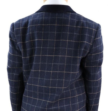 Boys 3 Piece Navy Blue Tweed Check Classic  Suit