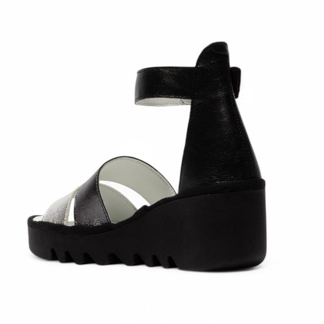 Fly London Women's Bono290Fly Silver Black Idra Leather Wedge Sandals