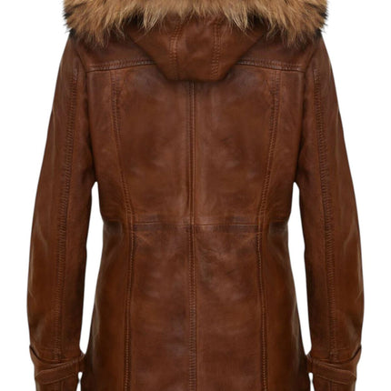 Womens Warm Leather Hooded Parka Jacket-Northwich