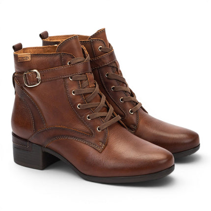 Pikolinos Women's Brown Leather Lace-Up Mid-Heel Ankle Boots - Malaga