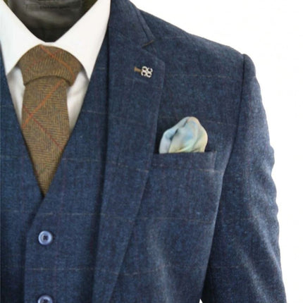 Mens 3 Piece Navy Blue Tweed Herringbone Vintage Classic Suit