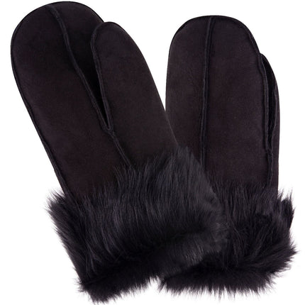 Unisex Blackl Sheepskin Leather Shearling Mittens Warm Gloves