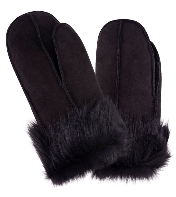 Unisex Blackl Sheepskin Leather Shearling Mittens Warm Gloves