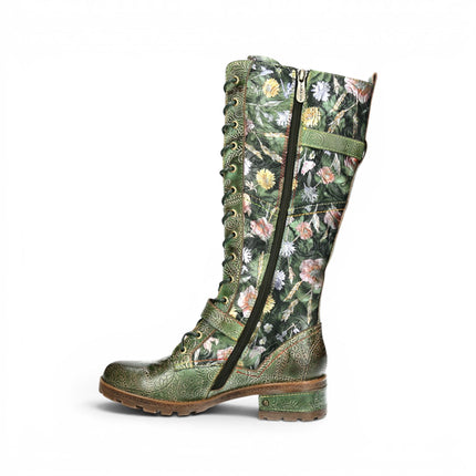 Laura Vita Women's Victorian Floral Green Leather High Lace-Up Long Boots - Cocrailo-82