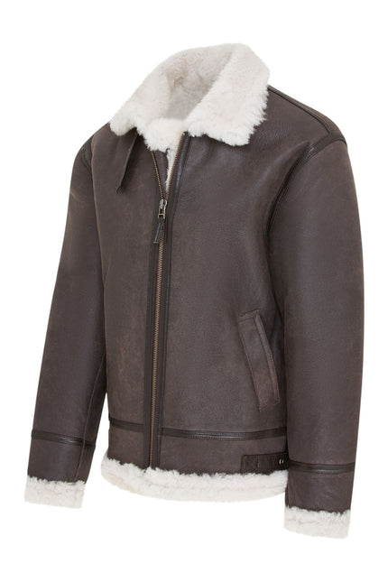 Mens Creck Brown Warm Sheepskin Aviator Zip-Up Flight Jacket-Harrogate