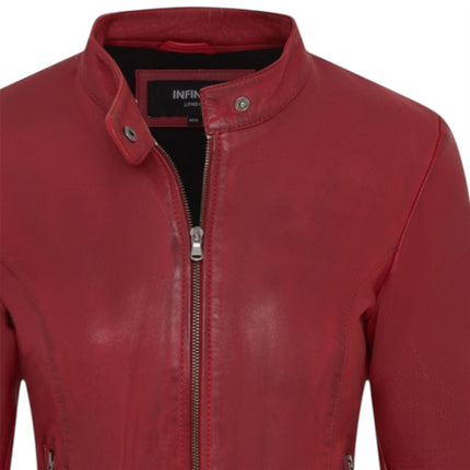 Womens Red Leather Stand Collar Racer Biker Jacket - 181