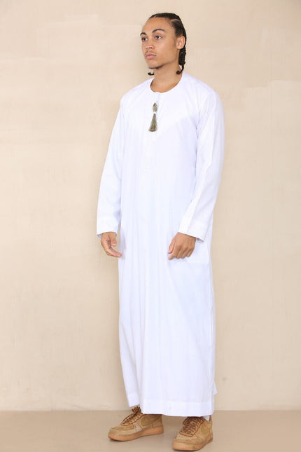 Mens White Thobe Jubba Saudi Islamic Arab Eid Emirati Kaftan Jubbah Tassel Robe