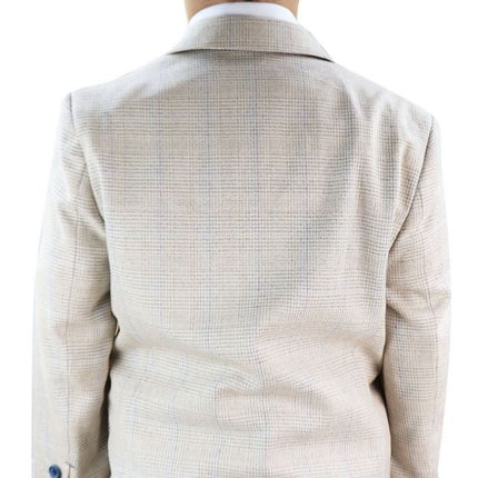 Boys 3 Piece Cream Herringbone Tweed Check Classic  Suit
